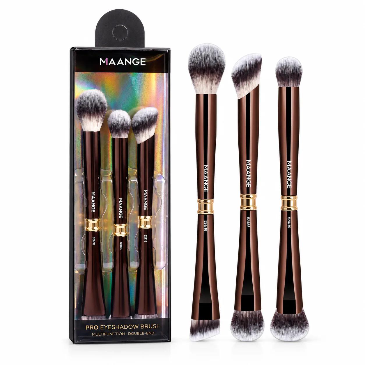 MAANGE 3pcs Double-Ended Pro Eyeshadow Brush Set with Box – Brown — Default