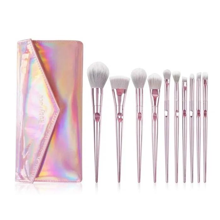 MAANGE 10pcs Glossy Pink Makeup Brushes Set with Pouch — Default