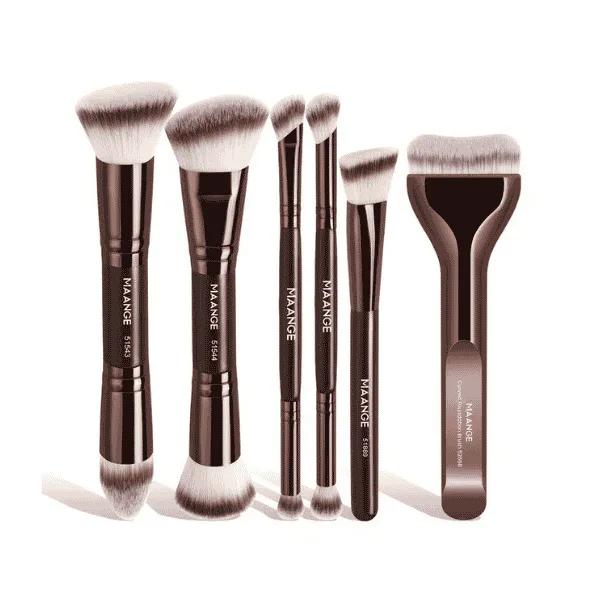 MAANGE 6pcs Premium Face & Eye Brush Set – Brown | Foundation Brush | Tapered Brush | Contour Brush | Eyeshadow, Smudge, Detail, Nose Shadow Brush — Default